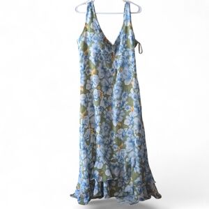 Millenium Blue & Green Floral Maxi Dress Women 20 Ruffled Tiered Hem Cottagecore